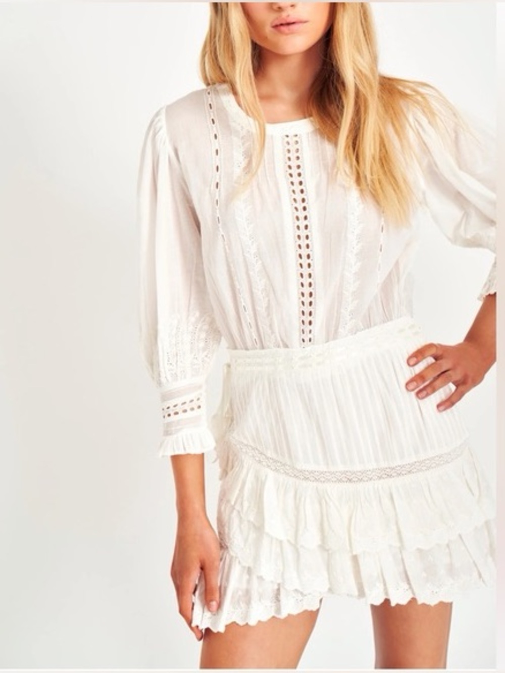 LOVESHACKFANCY Lorelei White Lace Tiered Mini Dress - Picture 4 of 9